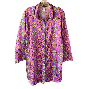 Cruz Psychedelic Pink Mosaic Colorful Long Line Satin Sleep Shirt Blouse. Sz L